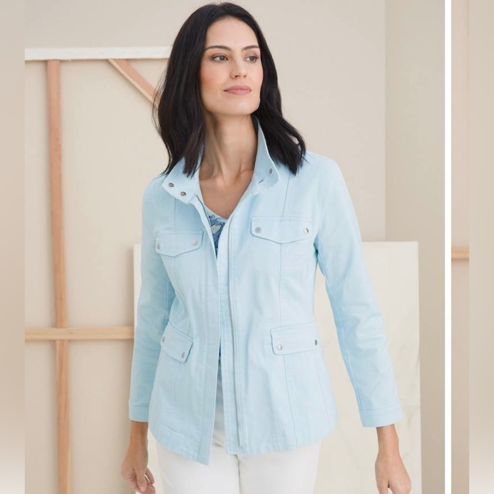 Chico’s Sky Blue Cotton Twill Utility Jacket Like New Condition Size S - Picture 1 of 11